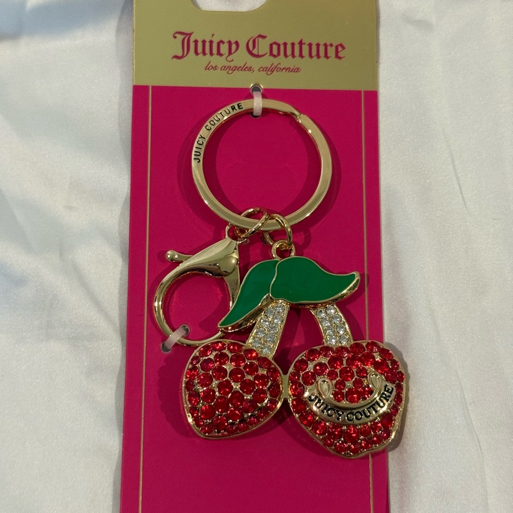 Juicy Couture Red Crystal Cherry and Apple Keychain with Green Leaf NWT - Picture 2 of 3